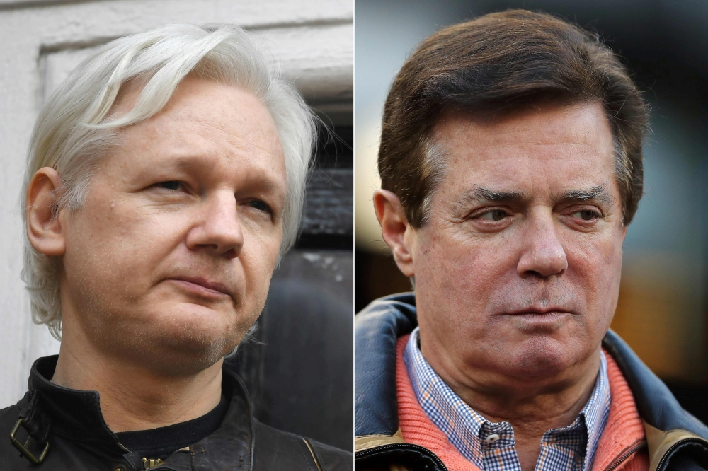 This November 27, 2018 combination picture shows Wikileaks founder Julian Assange at the Embassy of Ecuador in London on May 19, 2017 and former Trump presidential campaign manager Paul Manafort at New York  Yankee Stadium on October 17, 2017. AFP / Getty