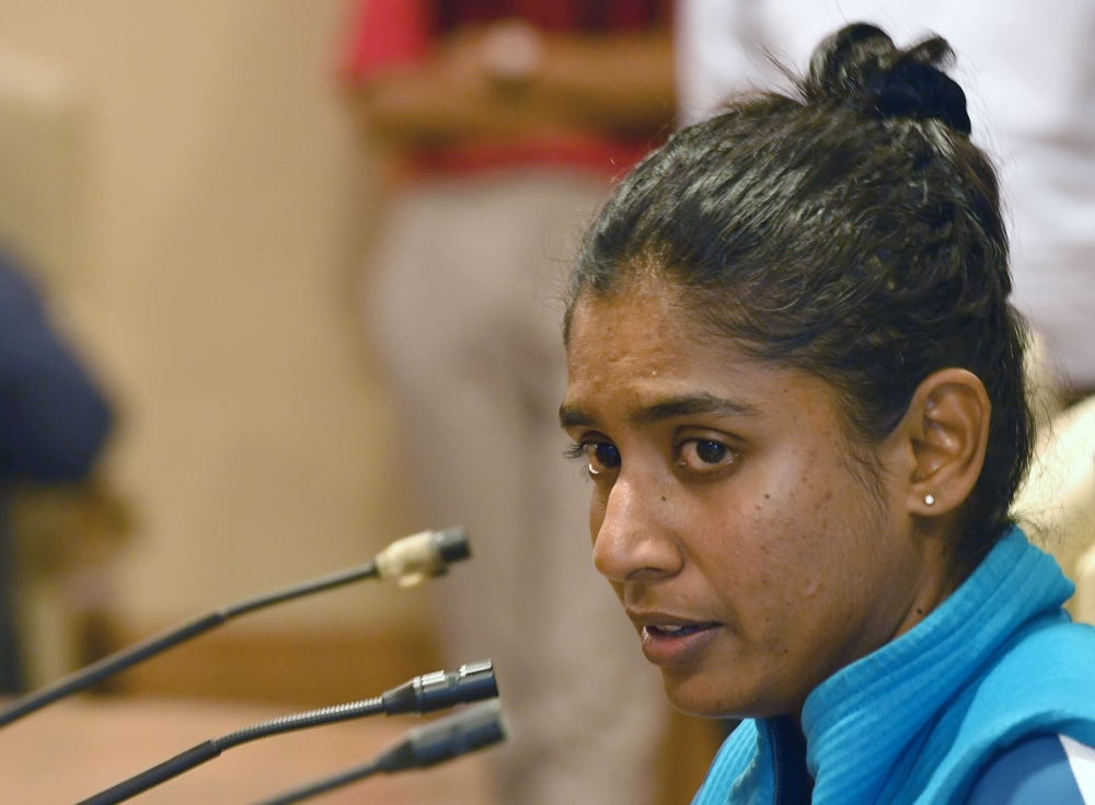 (FILES) In this file photo taken on March 20, 2018 Indian cricket captain Mithali Raj speaks during a press conference ahead of the Women's Tri-Series at the Board of Control for Cricket in India (BCCI) headquarters in Mumbai. GETTYOUT / AFP / Indranil MU