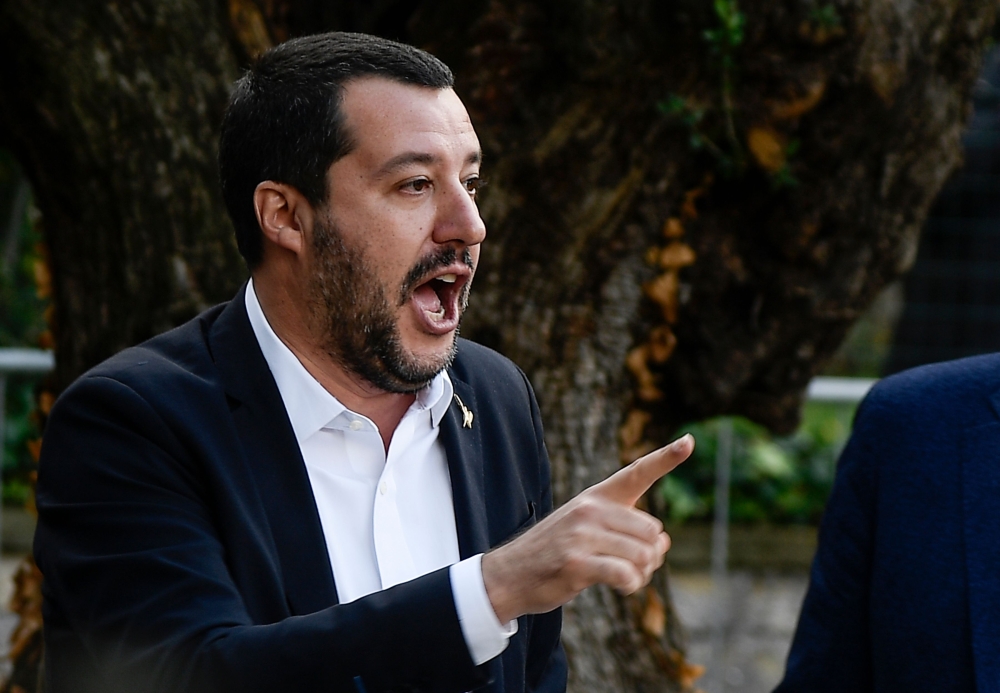 Italy’s Interior Minister and deputy PM Matteo Salvini gestures as he presides over the demolition of some illegally built villas seized by Rome police to the Casamonica mafia clan in the south-eastern suburb Quadraro district of Rome on November 26, 2018