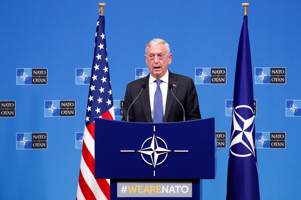 FILE PHOTO: U.S. Secretary of Defense James Mattis speaks during a news conference after a NATO defence ministers meeting at the Alliance headquarters in Brussels, Belgium, October 4, 2018. REUTERS/Francois Lenoir/File Photo