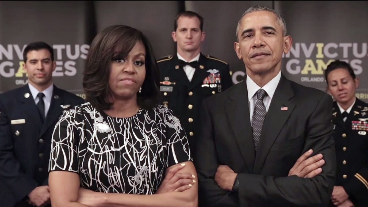 A still from a video provided by Kensington Palace April 29, 2016 showing Barack Obama and Michelle Obama taking part in a video promoting the upcoming Invictus Games in Orlando, Florida. (EPA) 