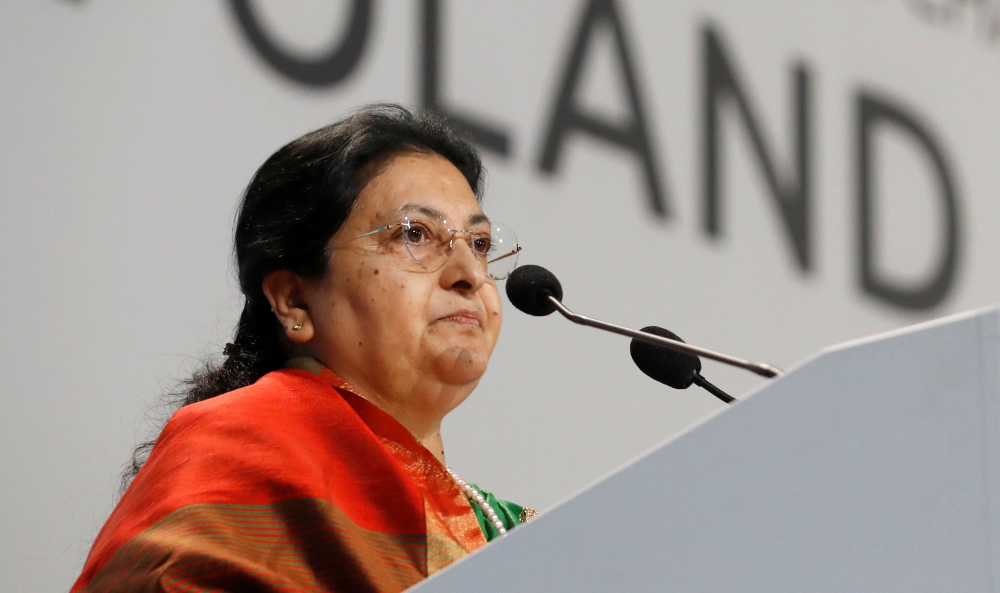 President of Nepal Bidhya Devi Bhandari speaks during the COP24 UN Climate Change Conference 2018 in Katowice, Poland December 3, 2018. Reuters/Kacper Pempel