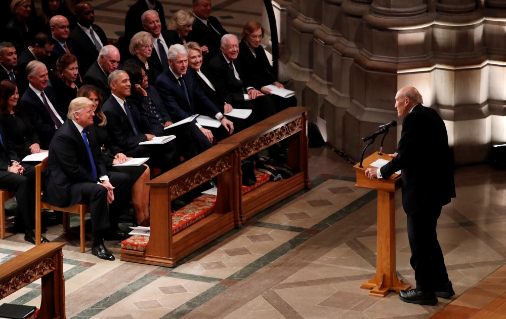 Former U.S. Senator Alan Simpson delivers a eulogy for former U.S. President George H.W. Bush in front of U.S. President Donald Trump, first lady Melania Trump, former President Barack Obama, former first lady Michelle Obama, former President Bill Clinton