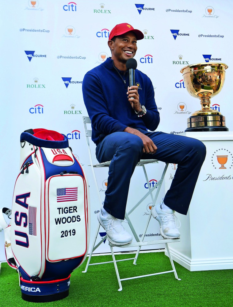 US golfer and captain of the US Presidents Cup team Tiger Woods attends a press conference in Melbourne on December 6, 2018, one year ahead of the 2019 edition to be held at the Royal Melbourne Golf Club. AFP / William West