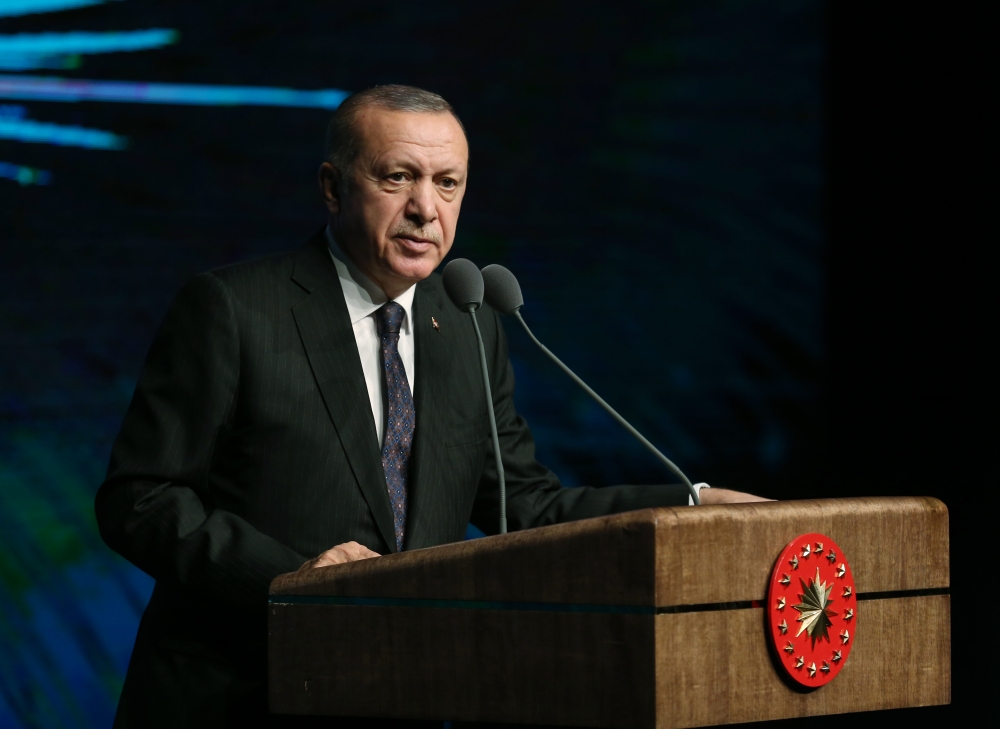 President of Turkey Recep Tayyip Erdogan makes a speech during the ceremony of job placement to public enterprises for disabled people and youth under state protection at Bestepe People's Congress and Culture Center in Ankara, Turkey on December 24, 2018.