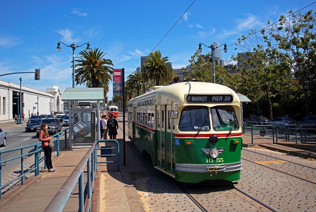A streetcar painted in tribute to Philadelphia runs along the San Francisco waterfront in July. MUST CREDIT: Photo for The Washington Post by Justin Franz

