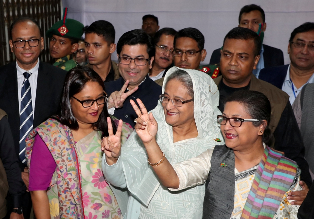 Prime Minister Sheikh Hasina gestures after casting her vote in the morning during the general election in Dhaka, Bangladesh, December 30, 2018. REUTERS 