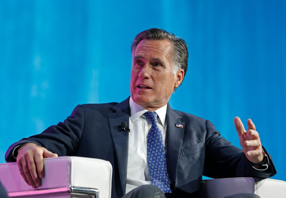 FILE PHOTO:  Mitt Romney is interviewed at the Silicon Slopes Tech Conference in Salt Lake City, Utah.  AFP / GEORGE FREY