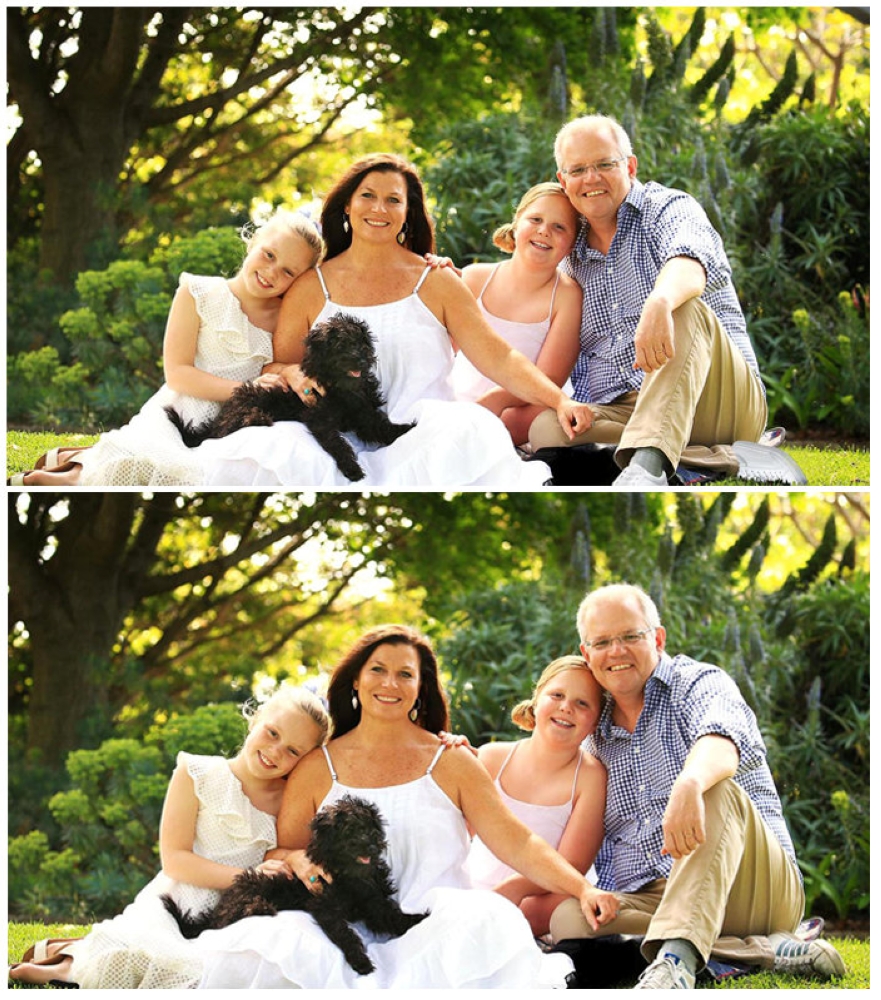 A combination of handout photographs supplied by the Australian Department of Prime Minister and Cabinet shows a doctored version of a portrait of Australian Prime Minister Scott Morrison and his family that was displayed on his website (top), and an unda