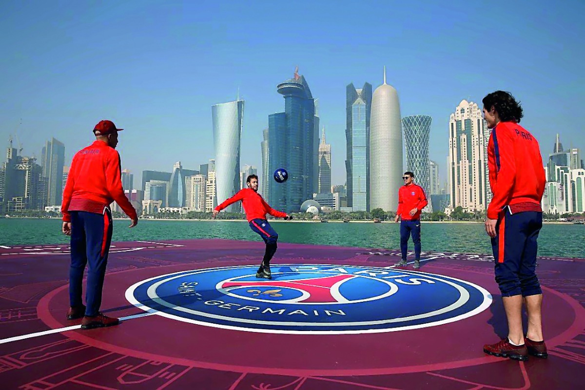 From left: PSG’s Kylian Mbappe, Neymar Jr, Thiago Silva and Edinson Cavani during a game on a floating football pitch at Doha Corniche in this December 2017 file photo.