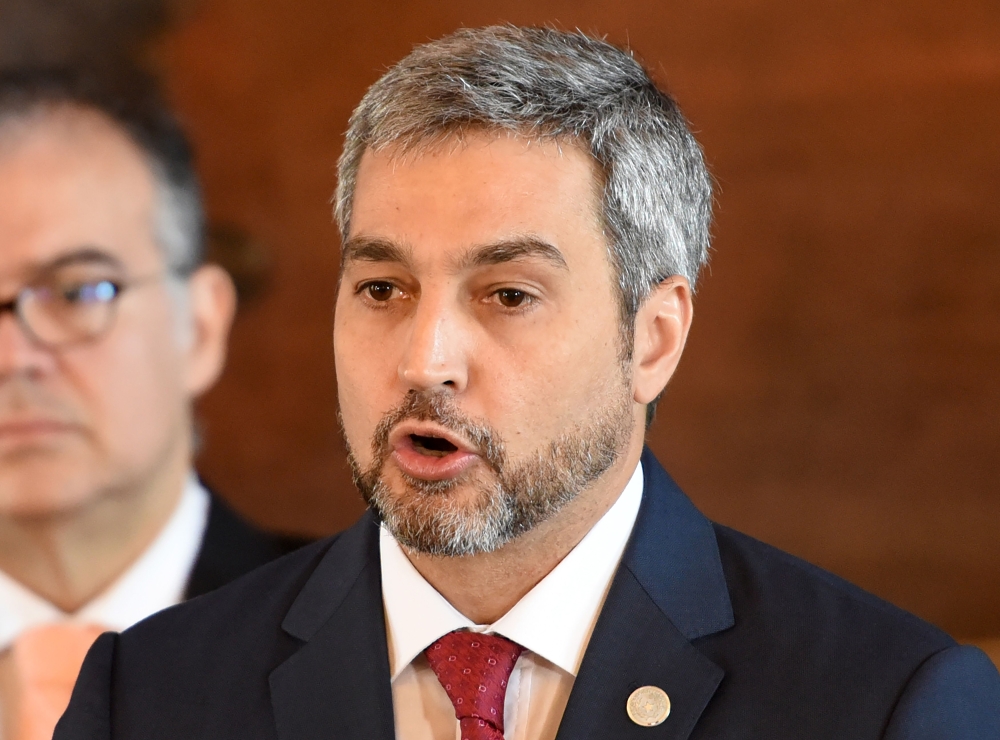 Paraguay's President Mario Abdo Benitez speaks during a press conference to announce the rupture of diplomatic relations with Venezuela, not recognizing Nicolas Maduro's second-term presidency, in Asuncion, on January 10, 2019.  AFP / Norberto Duarte 