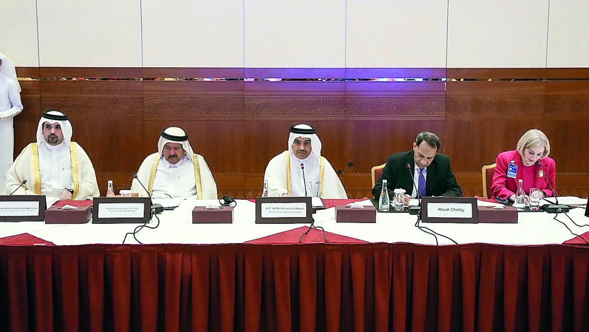 Minister of Commerce and Industry H E Ali bin Ahmed Al Kuwari; Ambassador Anne Patterson (right) President of the US-Qatar Business Council, and other dignitaries during the roundtable, yesterday.  