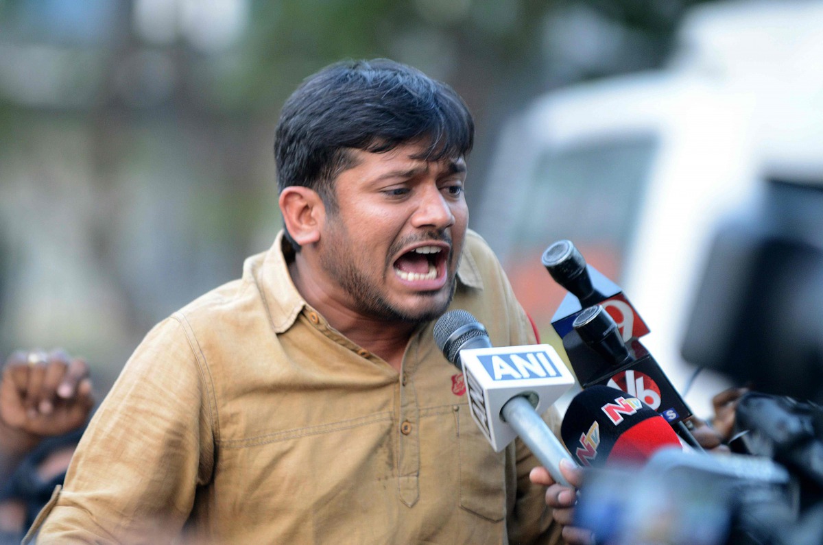 Kanhaiya Kumar speaks to the media at Hyderabad Central University on March 23, 2016. AFP Noah Seelam 