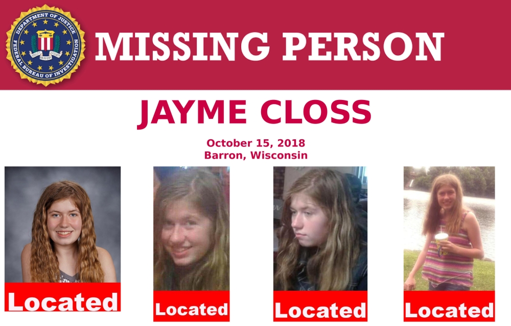 An FBI missing person poster shows Jayme Closs, a 13-year-old Wisconsin girl, missing since her parents were discovered fatally shot three months ago. (via Reuters)  