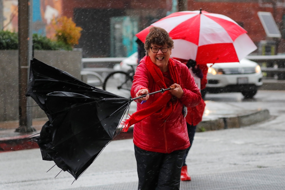 Striking teachers in the Los Angeles public school system deal with the rain and wind after going on strike in Los Angeles, California, U.S., January 14, 2019. Picture taken January 14, 2019. Mike Blake\ REUTERS.
