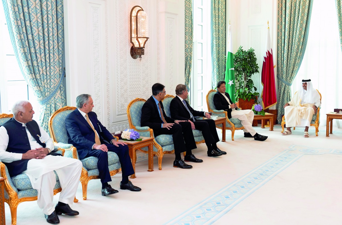 Amir H H Sheikh Tamim bin Hamad Al Thani and the Prime Minister of the Islamic Republic of Pakistan, Imran Khan, discussed promoting bilateral relations in various fields, especially in investment, energy, food security and military cooperation, and excha