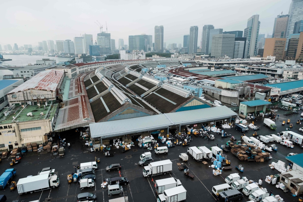 (FILES) This file photo taken on October 6, 2018, shows a general view of morning activities at the landmark Tsukiji fish market following the market's final morning auctions before closing its doors in Tokyo. AFP / Nicolas Datiche