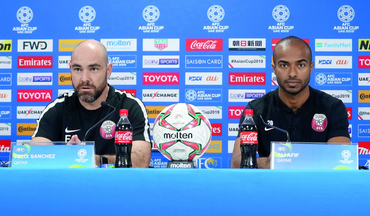 Coach Felix Sanchez and Ali Afif  to teh media during a press conference held in Abu Dhabi, yesterday, on the eve of Qatar’s AFC Asian Cup Quarter -final match against South Korea.