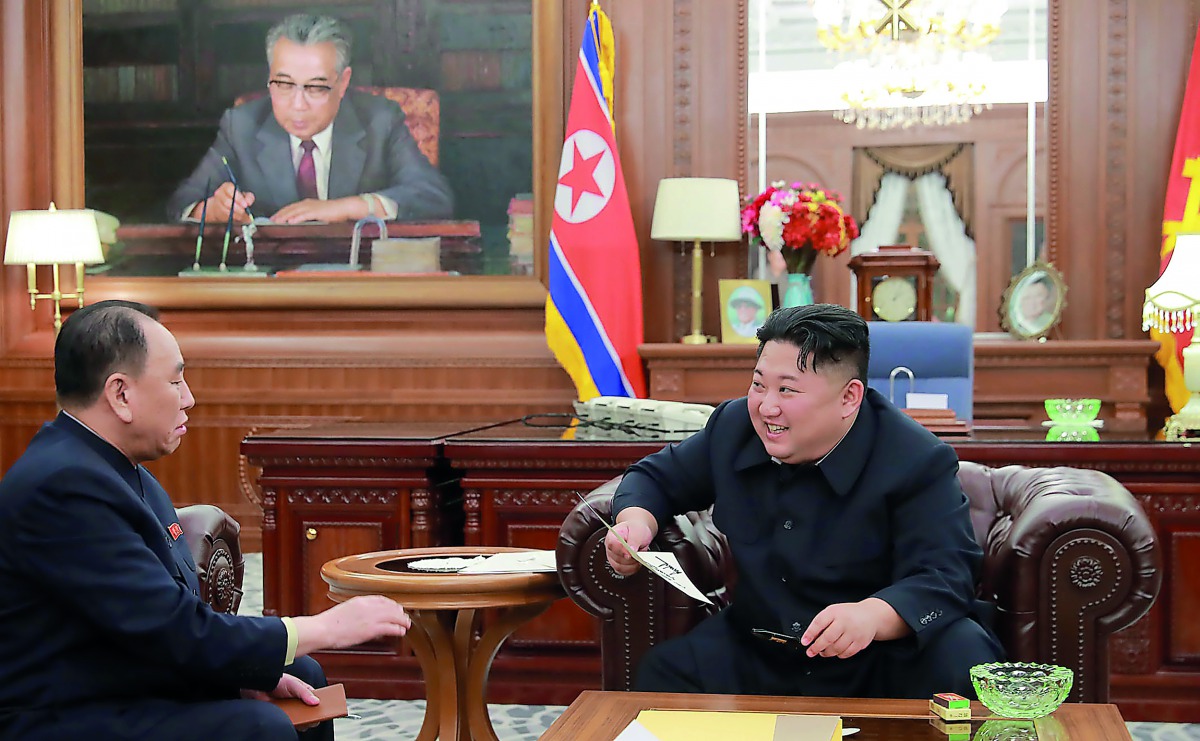 This January 23, 2019 picture released from North Korea's official Korean Central News Agency (KCNA) on January 24 shows North Korean leader Kim Jong Un (R) talking with Kim Yong Chol, vice-chairman of the WPK Central Committee and delegation leader of th