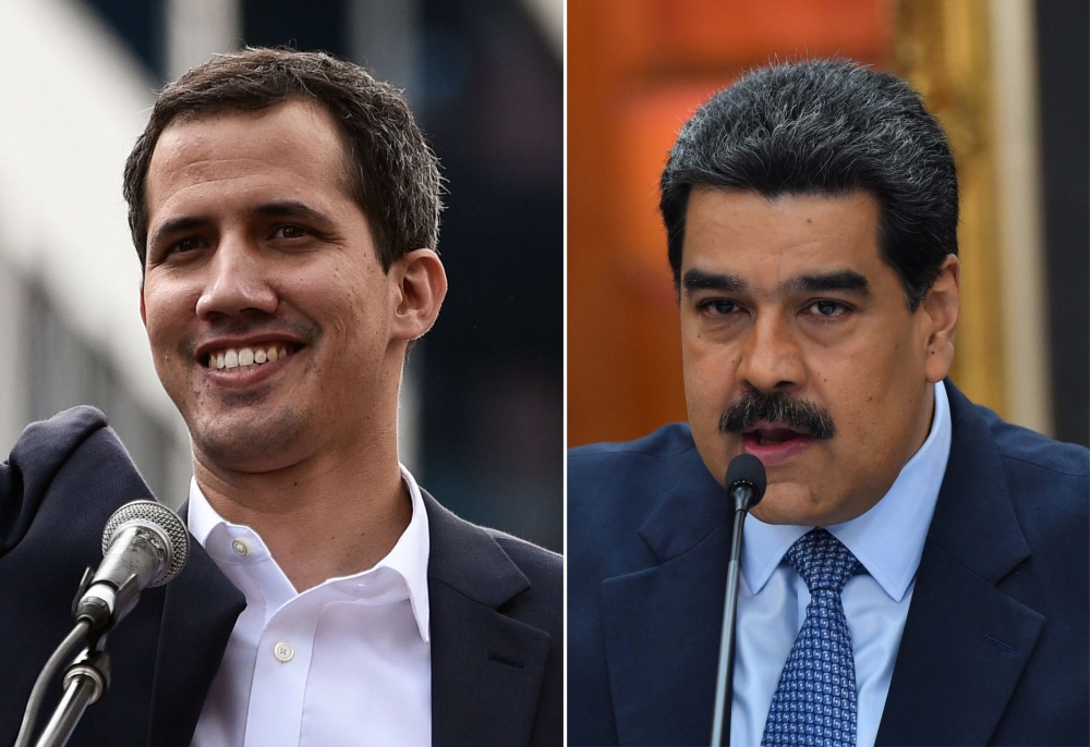 This combination of pictures created on January 24, 2019 shows (L) Venezuela's National Assembly head Juan Guaido waving to the crowd during a mass opposition rally against leader Nicolas Maduro in which he declared himself the country's 