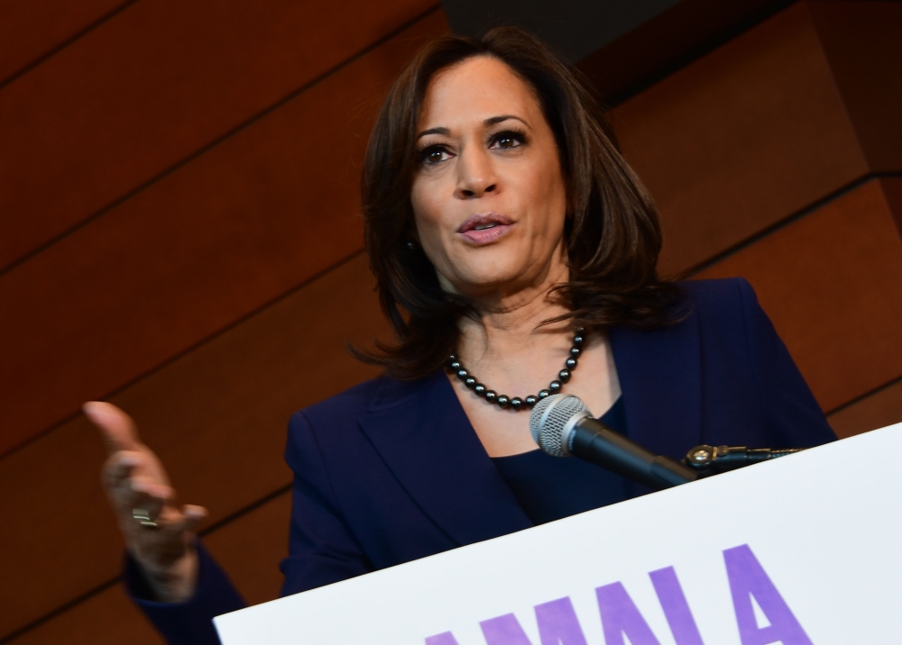 US Senator from California, Kamala Harris, addresses the media January, 21 2019 at Howard University in Washington, DC after announcing earlier in the day that she is seeking to become the first African American woman to hold the office of US president, j