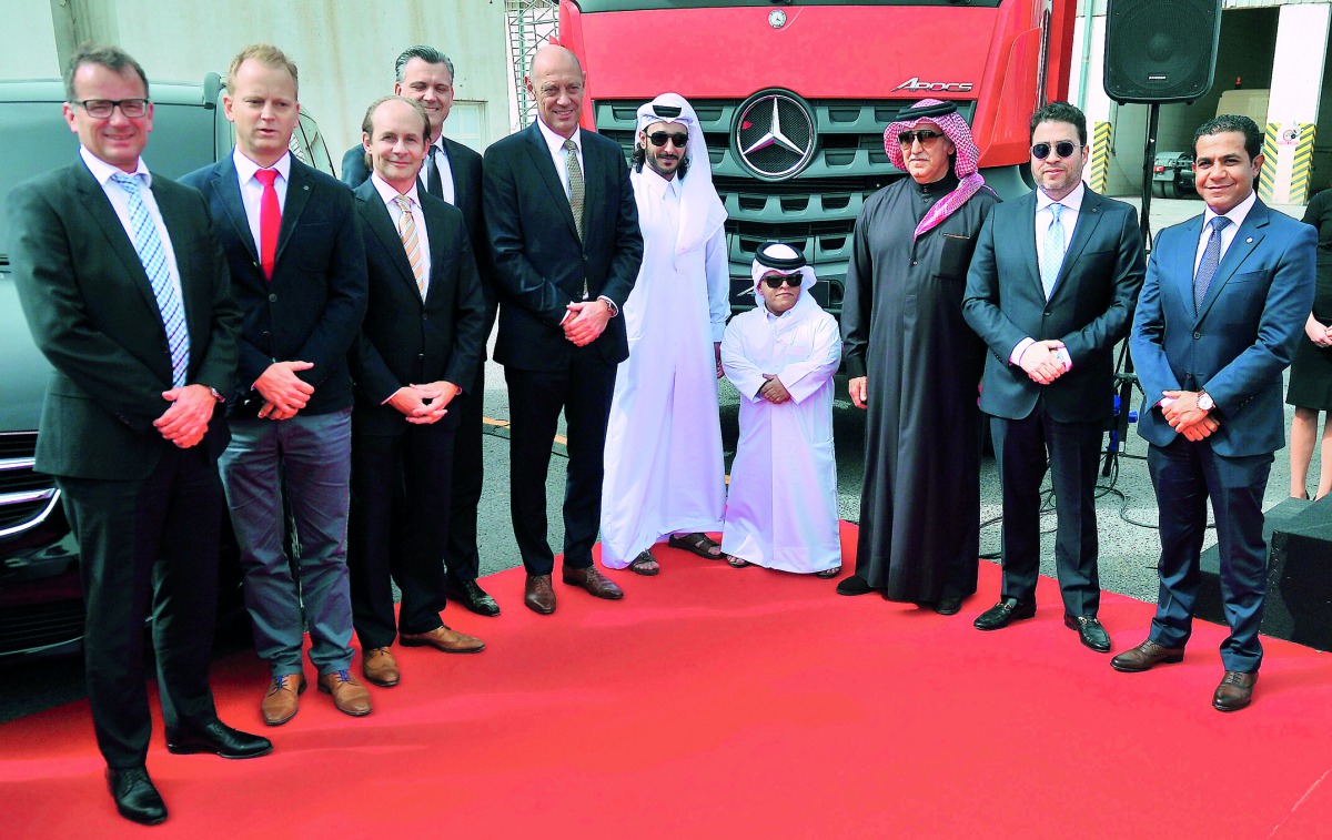 Ihab El Feky, QAC’s General Manager; Sheikh Nawaf Nasser bin Khaled Al Thani, Chairman of NBK Holding, and Mark De Haes, President and CEO of MBC, with other officials during Mercedes-Benz Service Center groundbreaking ceremony held at Mercedes-Benz Servi