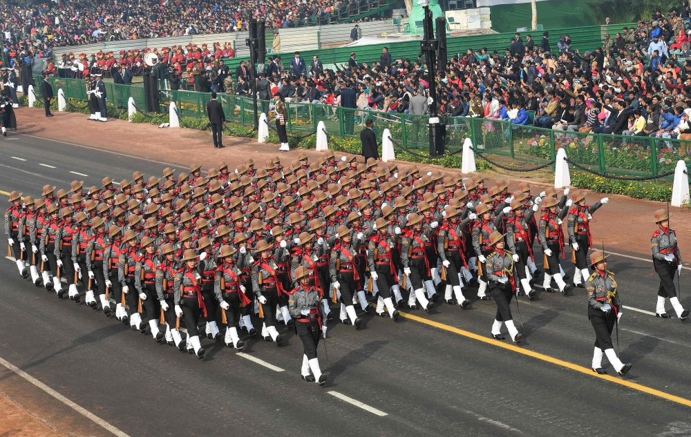 India's All-Women Assam Rifles contingent marches during the full dress rehearsal for the upcoming Republic Day parade in New Delhi on January 23, 2019.  AFP / Prakash SINGH