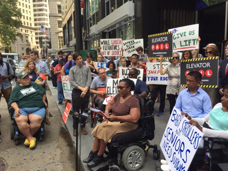 The lack of elevators makes it difficult for people in wheelchairs to use New York's subway system, and disability-rights activists have staged frequent protests over the issue. Photo courtesy: Center for Independence of the Disabled, New York or CIDNY @C