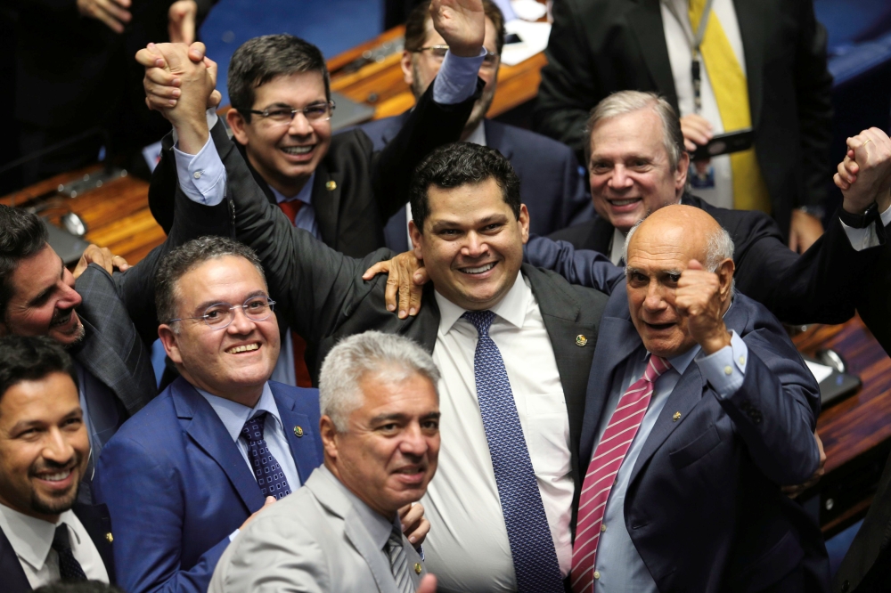 Davi Alcolumbre, from the Democratas party is congratulated by his colleagues after being elected for presidency of Brazilian senate in Brasilia, Brazil February 2, 2019. Fabio Rodrigues Pozzebom/Agencia Brasil/ via Reuters 