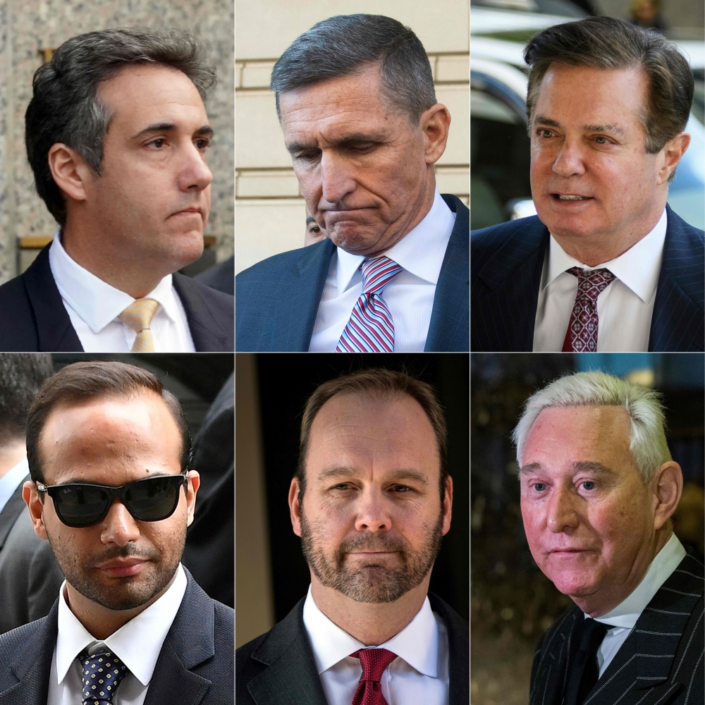 Michael Cohen,  Michael Flynn, Paul Manafort; Bottom L-R-George Papadopoulos, Rick Gates, Roger AFP
