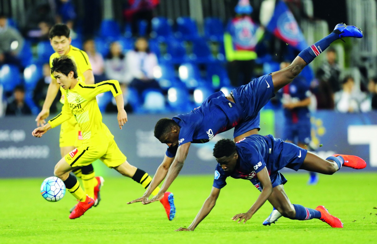 Paris Saint-Germain (PSG) and Kashiwa Reysol players in action during their opening match of Al Kass 2019 at Aspire Academy yesterday.