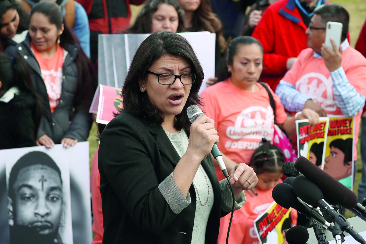 US Representative Rashida Tlaib (D-MI) participates in a news conference to call on Congress to cut funding for ICE (Immigration and Customs Enforcement), at the US Capitol in Washington, February 7, 2019. Reuters/Jonathan Ernst 
