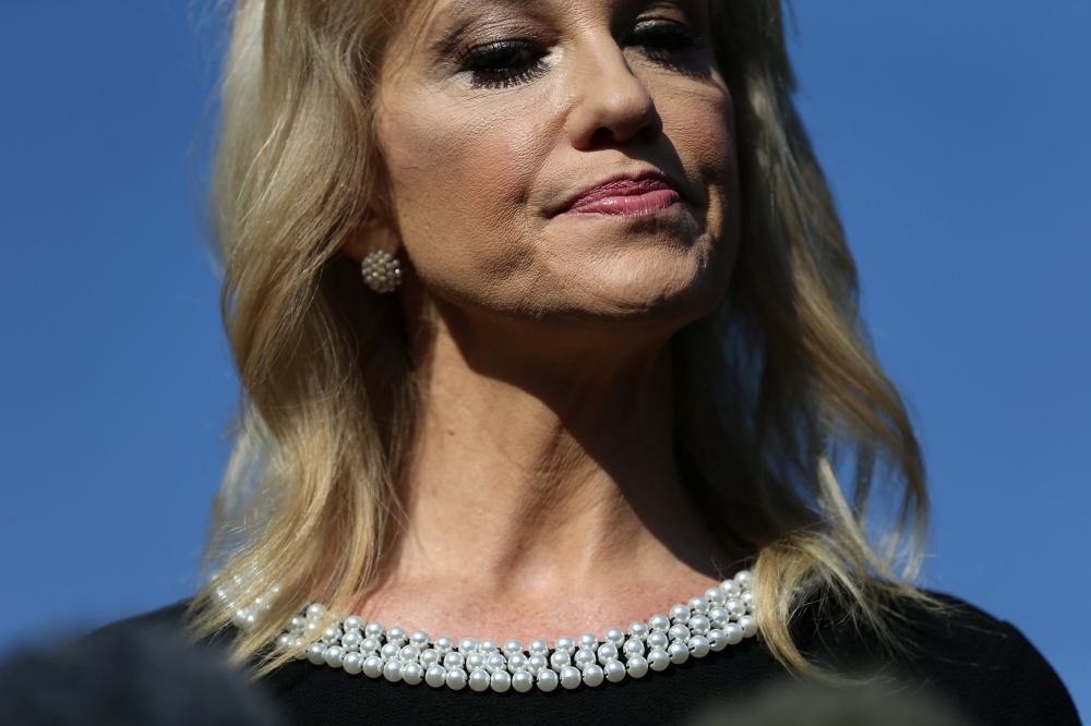 White House counselor Kellyanne Conway speaks to members of the news media after giving an interview to Fox News at the White House in Washington, February 4, 2019. Reuters/Leah Millis