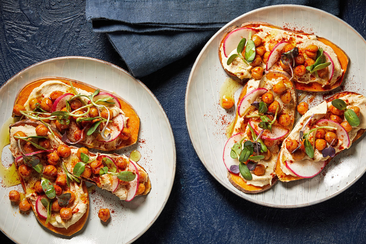 Sweet Potato Toasts With Hummus, Radish and Sunflower Sprouts. (Photo by Tom McCorkle for The Washington Post.)
