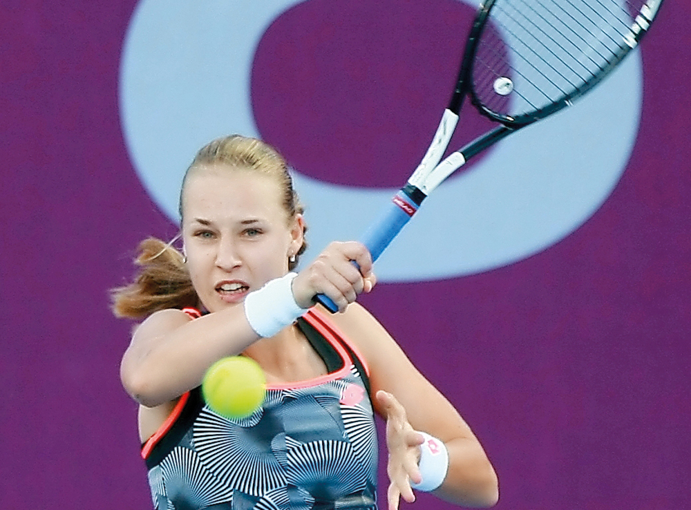 Russia’s Anna Blinkova in action during her second round match against Anastasija Sevastova of Latvia at Khalifa International Tennis Complex, yesterday. 