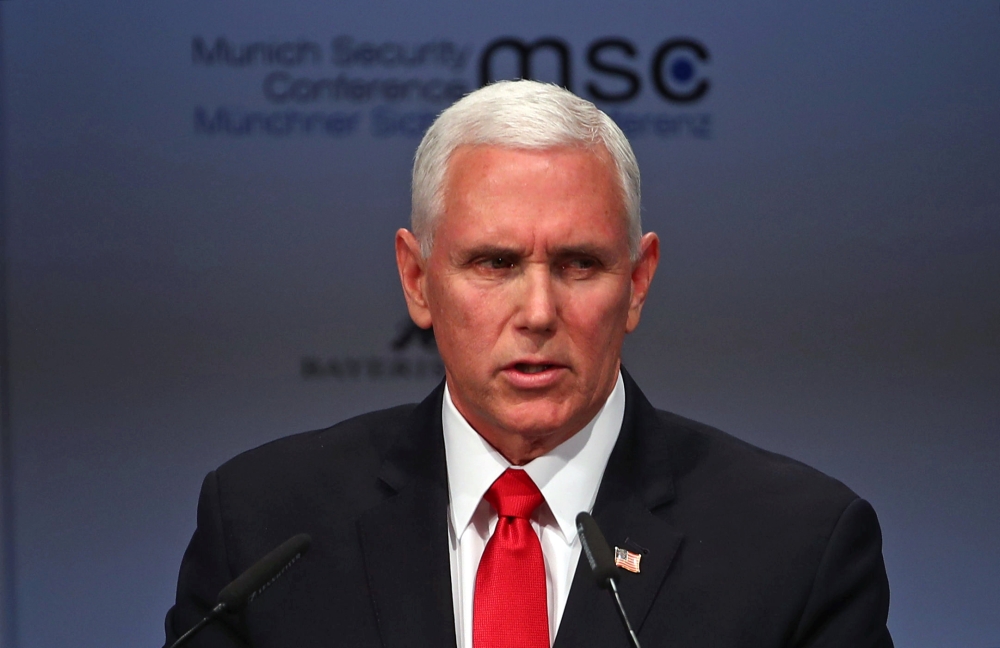 U.S. Vice President Mike Pence speaks during the annual Munich Security Conference in Munich, Germany February 16, 2019. REUTERS/Michael Dalder