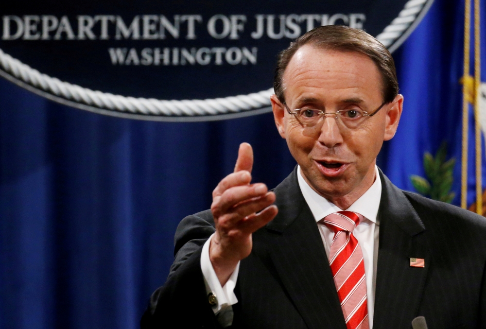 File photo of Deputy U.S. Attorney General Rod Rosenstein announces grand jury indictments of 12 Russian intelligence officers in special counsel Robert Mueller's Russia investigation, during a news conference at the Justice Department in Washington, US, 