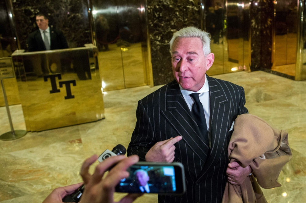 Roger Stone speaks with media after meeting with US President-elect Donald Trump at Trump Tower in New York on December 6, 2016. AFP/Eduardo Munoz Alvarez