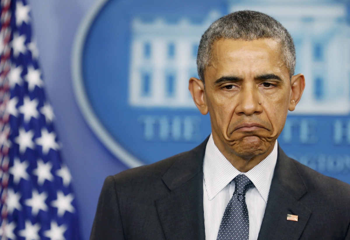 Barack Obama reacts to a question while delivering remarks on the economy in the White House press briefing room in Washington, April 5, 2016. Reuters/Gary Cameron