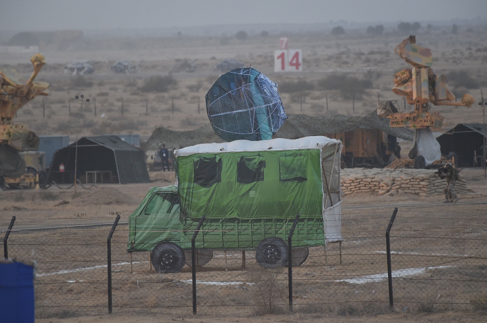 A dummy radar station is pictured before being bombarded by Indian Air Force (IAF) fighter aircraft (not pictured) during 'Vayu Shakti' exercise at Pokharan, in Rajasthan. India and Pakistan's troubled ties risked taking a dangerous new turn on February 1