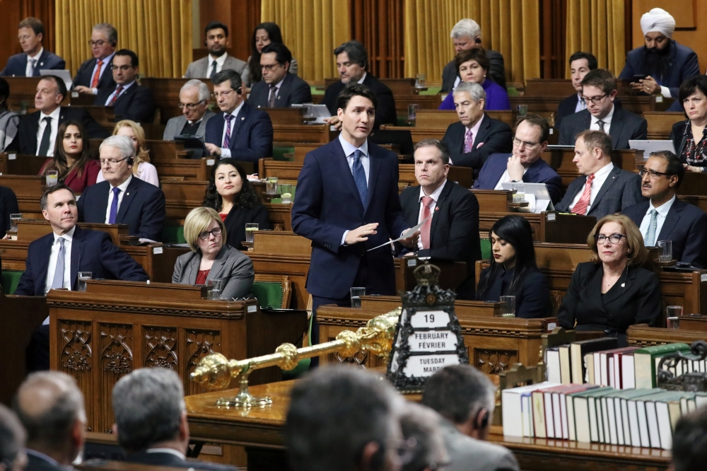 Canada's Prime Minister Justin Trudeau speaks during Question Period in the interim House of Commons in the West Block on Parliament Hill in Ottawa, Ontario, Canada February 19, 2019. Reuters/Chris Wattie
