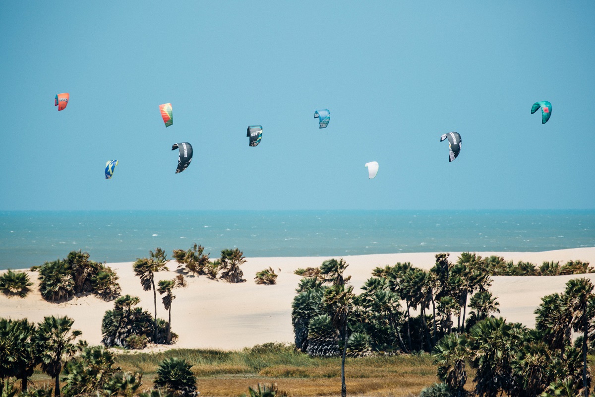 With kites aloft, a group prepares to launch off of Ilha dos Poldros, a 3,000-acre island owned by a Spanish tanning magnate, in Brazil's Parnaiba River delta. Picture: Courtesy of Analice Diniz
