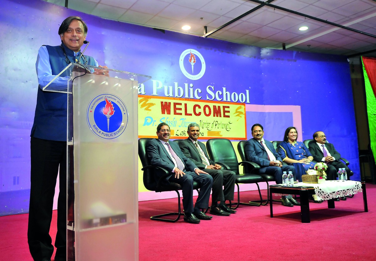 Dr Shashi Tharoor, member of Indian Parliament and Chairman of the Standing Committee of the Parliament on External Affairs, addressing a community gathering at Birla Public School Doha, on Saturday. Also seen is Ambassador of India to Qatar, P Kumaran (s