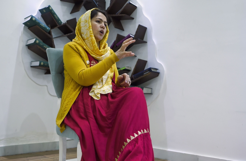 In this photo taken on February 18, 2019, Fawzia Koofi, a former member of Afghan Parliament and Chairperson of Women, Civil Society and Human Rights Commission gestures as she speaks during an interview with AFP at her home in Kabul. AFP / WAKIL KOHSAR 