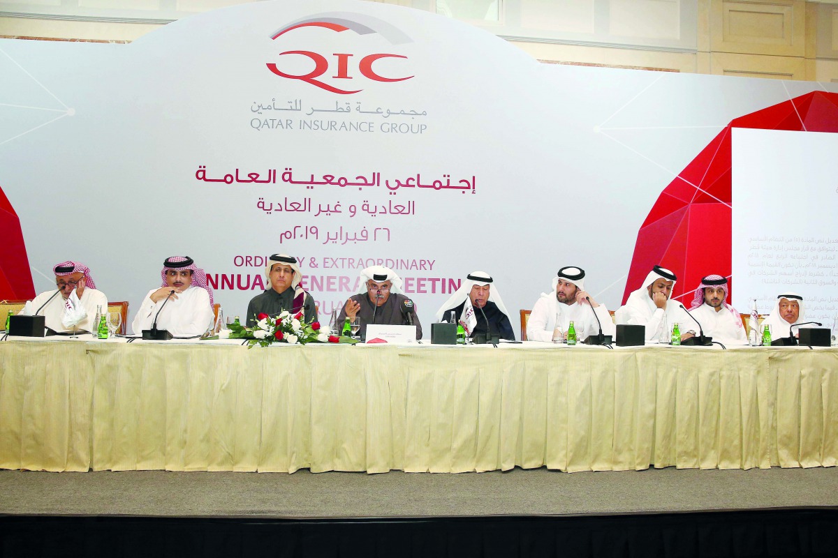 Abdulla bin Khalifa Al Attiya (second left), Deputy Chairman, QIC Group; and other Board members during the Annual General Assembly Meeting at Four Seasons Hotel Doha, yesterday.