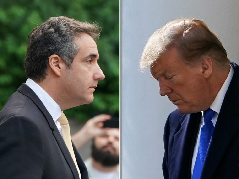 (COMBO) This combination of pictures created on February 26, 2019 shows Michael Cohen (L), former personal lawyer for US President Donald Trump, leaving federal court on August 21, 2018, in New York and US President Donald Trump (R) arriving to deliver re
