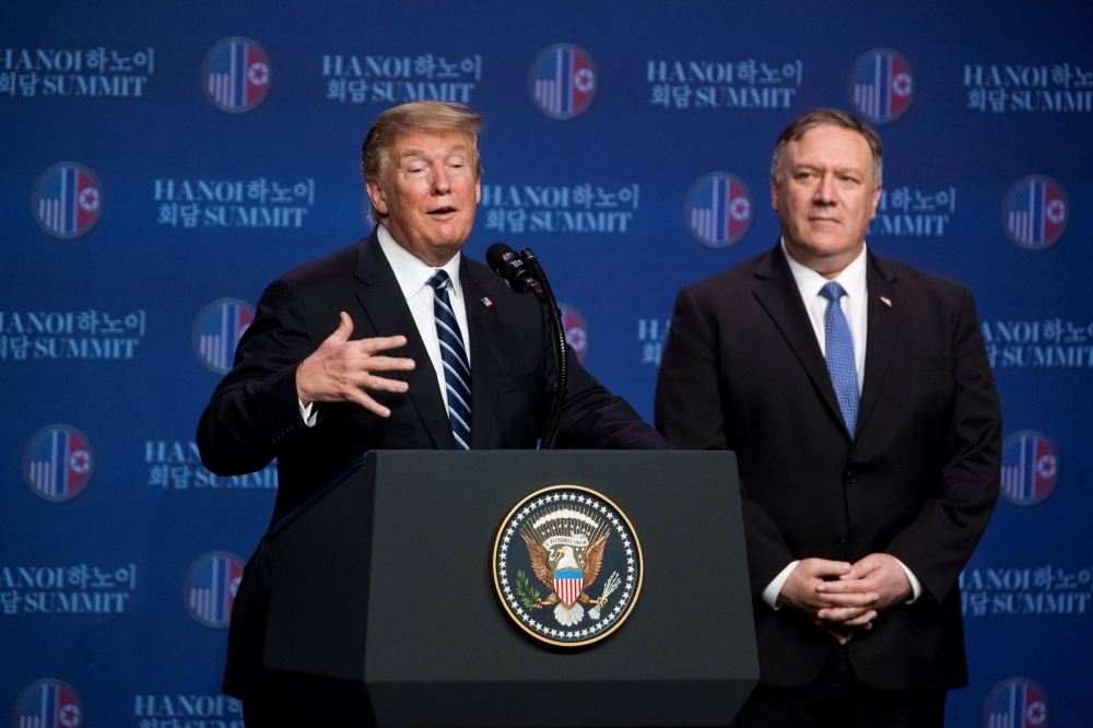U.S. President Donald Trump speaks at a news conference at the JW Marriott Hanoi, accompanied by U.S. Secretary of State Mike Pompeo, following talks with North Korean leader Kim Jong Un in Hanoi, Vietnam, February 28, 2019. Andrew Harnik/Pool via REUTERS