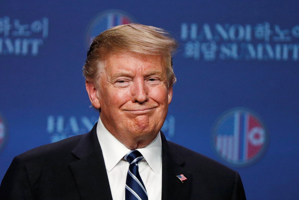U.S. President Donald Trump attends a news conference after his summit with North Korean leader Kim Jong Un, at the JW Marriott Hotel in Hanoi, Vietnam February 28, 2019. REUTERS/Jorge Silva