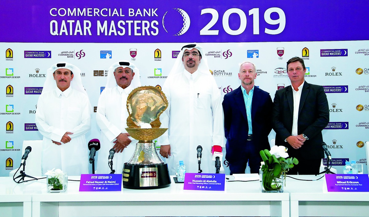 Fahad Nasser Al Naimi (second left), General Secretary of Qatar Golf Association (QGA) and Hussein Al Abdulla (centre), Chief Marketing Officer at Commercial Bank of Qatar pose for a picture along with Faisal Al Naimi, (left) Executive Director of QGA, Mi