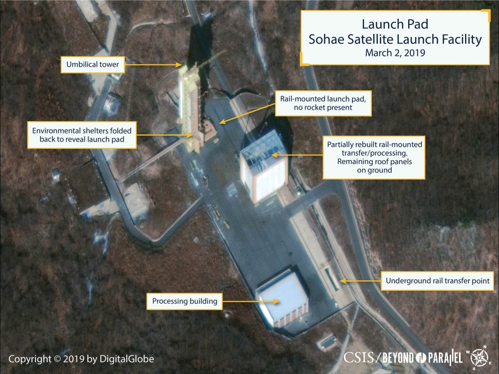 :The Sohae Satellite Launching Station launch pad features what researchers of Beyond Parallel, a CSIS project, describe as showing the partially rebuilt rail-mounted rocket transfer structure in a commercial satellite image taken over Tongchang-ri, North